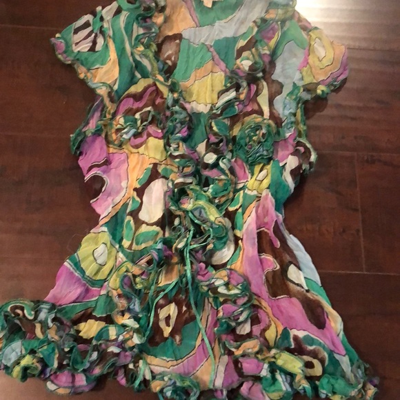 🔵VINTAGE MULTI COLOR CRINKLED RUFFLE TOP - Picture 2 of 4